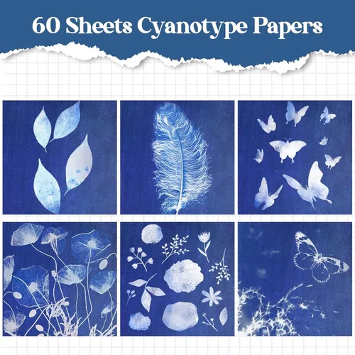 Vista 6 de Juego de 60 piezas de papel de impresión solar, papel cianotipo, papel de arte solar de 3.9 x 3.9 pulgadas con 2 herramientas de plástico