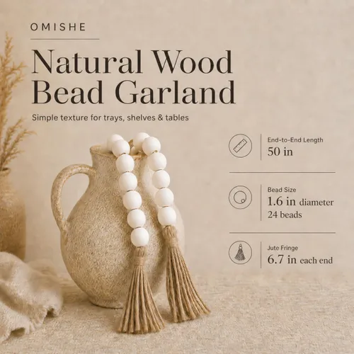 Vista 175 de OMISHE Guirnalda de cuentas de madera extra grande con cuentas de madera y borlas de 1.6 pulgadas de diámetro, cuentas decorativas rústicas de 41