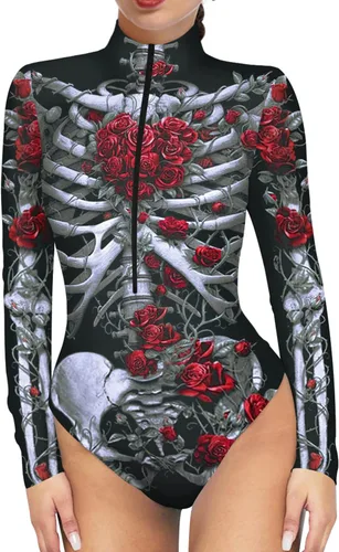 Vista 15 de Enterizo de esqueleto para mujer, con cremallera, traje sexy de una pieza para Halloween Esqueleto 3D