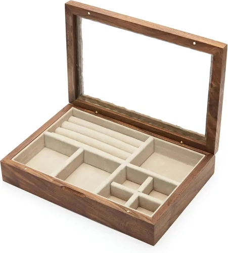 Vista 5 de pandapark Joyero de madera con tapa de vidrio, vitrina de almacenamiento con múltiples compartimentos, marrón nogal (nogal plateado)