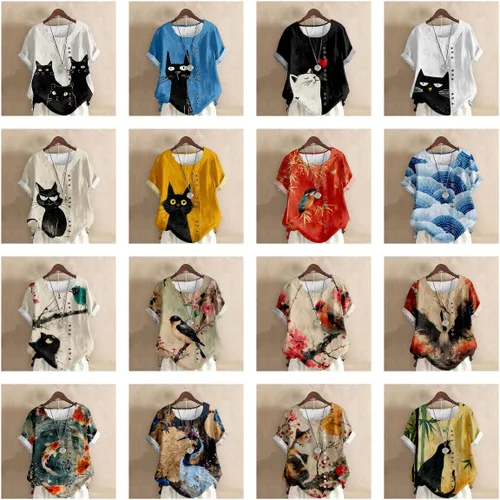 Vista 5 de domirica Flower Bird Printed Loose Boho Shirts Women Plus Size Summer Crew Neck Short Sleeve Blouses Colorido