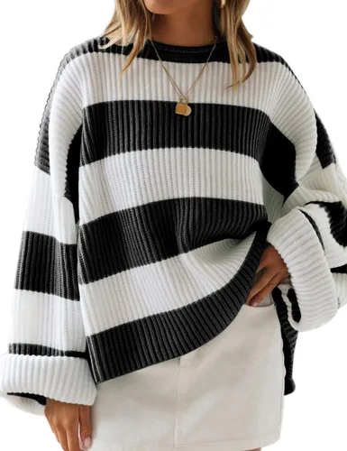 Vista 33 de ZESICA Suéter tejido sin botones de manga larga y cuello redondo, a rayas, bloques de color, cómodo, holgado, talla extragrande para mujer de 2024