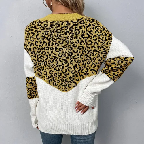 Vista 5 de Suéteres de punto para mujer, de color sólido, con estampado de leopardo, de manga larga, suéter de punto, Amarillo