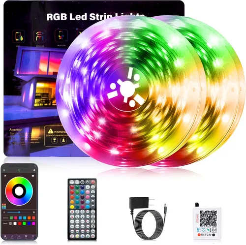 Vista 5 de NBBUFF Luces LED para dormitorio de 50 pies, tira de luces LED RGB con sincronización de música, tira de luz LED que cambia de color con control