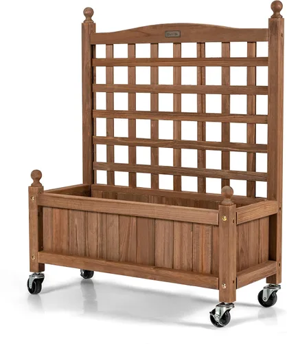 Vista 9 de Giantex Cama elevada móvil para plantas, maceta de madera con enrejado y ruedas, caja de flores para escalada de plantas, jardín vertical