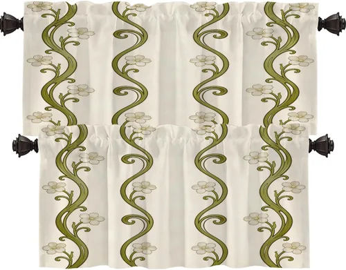 Vista 61 de Shrahala Art Nouveau Floral Pattern Blackout Curtain Tiers, Delicate Vine and Flower Design Kitchen Valance Light Blocking Tier Drapes with Rod