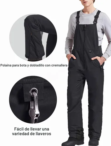 Vista 7 de GEMYSE Overol con peto de esquí impermeable aislado para hombre, pantalones de snowboard de invierno Negro