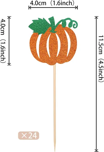 Vista 2 de 24 piezas de decoración de calabaza para cupcakes con purpurina temática de otoño, decoración de pasteles con temática de calabaza, cumpleaños