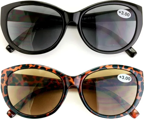 Vista 2 de 2 pares de lentes de sol de lectura para mujer, lentes de lectura para exteriores, estilo ojo de gato, vintage, ovalados (1 negro 1 tortuga, 1.50)