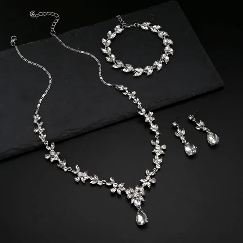 Vista 5 de FIBO STEEL Juego de joyas de diamantes de imitación, collar y pulsera para novia, dama de honor, boda, graduación, fiesta, joyería, Diamantes