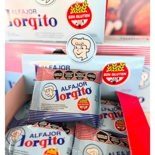 Vista 3 de Paquete de 6 Jorgito Alfajor sin gluten relleno de Dulce de Leche y revestimiento de chocolate, 50 g / 1.76 oz cada uno