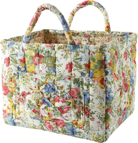 Vista 22 de vctops Cesta de almacenamiento acolchada de algodón bohemio para organizar, cesta organizadora de regalo con asas, contenedores de almacenamiento