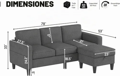 Vista 2 de ZeeFu Sofá para sala de estar – Sofá seccional en forma de L de lino beige de 78 pulgadas con otomana de almacenamiento – Moderno sofá tapizado