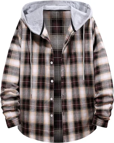 Vista 21 de Aymnlox Sudaderas con capucha para hombre, de manga larga, a cuadros, con botones, con capucha, casual, elegante, con cordón, 2024 #A01-Red