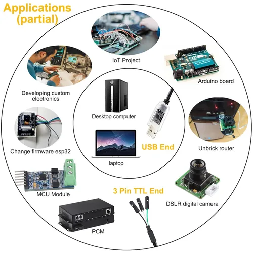 Vista 6 de DTECH Adaptador de cable serie USB a TTL 3.3V 3 pines FTDI Chip Indicadores LED UART Convertidor de depuración FT232RNL Salida IC 3V3 Nivel de señal