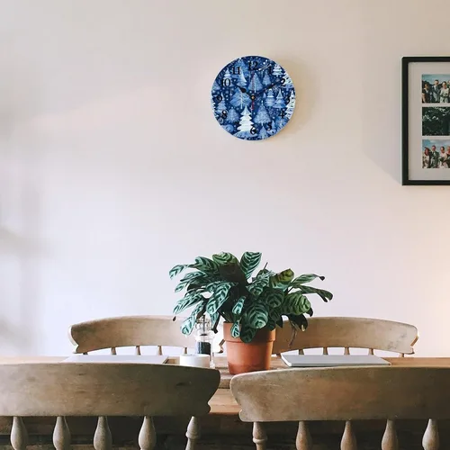 Vista 5 de Reloj de madera con árboles de Navidad y copos de nieve, reloj de pared redondo azul para interiores, funciona con pilas, silencioso, sin ruido