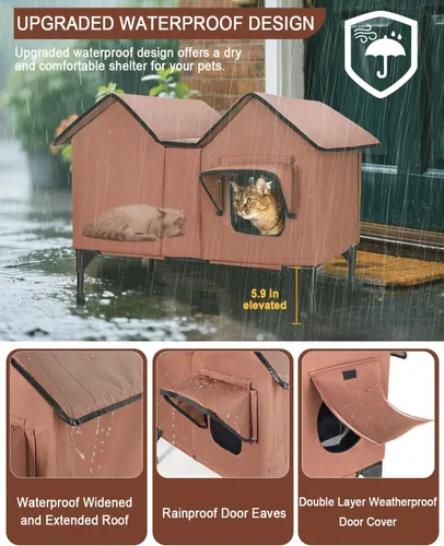 Vista 4 de Casa climatizada para gatos en invierno exterior, casa para gatos climatizada extra grande, resistente a la intemperie, cama elevada, puerta