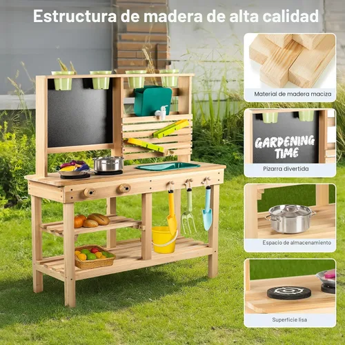 Vista 4 de Cocina de barro para niños al aire libre, juego de cocina de madera para niños pequeños con fregadero, utensilios de cocina, estufa, pizarra, grifo