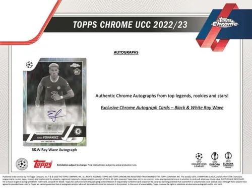 Vista 6 de 2022-23 Topps Chrome UEFA Champions League Soccer Factory Sellado Hobby Lite Box 16 Paquetes de 4 Cartas. 4 Paralelos Raywave en Blanco y Negro Por