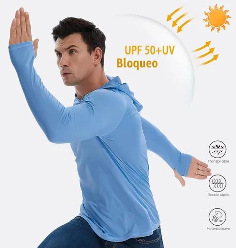 Vista 3 de Paquete de 3 camisas de protección solar UPF 50+ para hombre, con capucha y Paquete de 3 gris claro/azul/gris