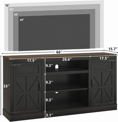 Vista 2 de Hlivelood Mueble de TV Estilo Granja de 66" con Tomas de Corriente para TVs de 75 Pulgadas, Centro de Entretenimiento de 33" de Alto con Gabinetes