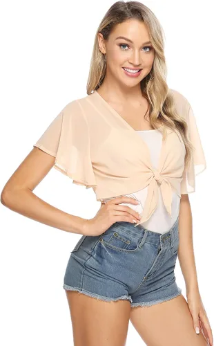 Vista 3 de iClosam Cárdigan de manga corta de gasa con lazo frontal para mujer, bolero transparente