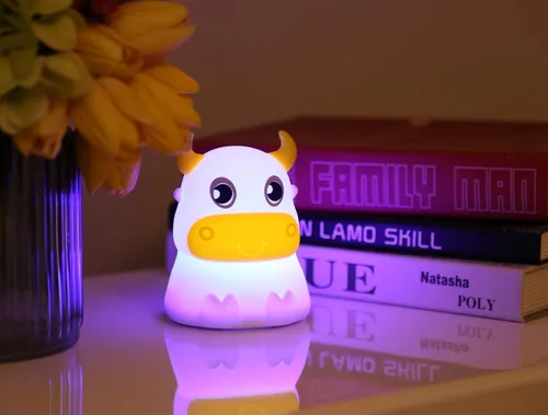 Vista 2 de Linda luz nocturna para niños, lámpara de noche para dormitorio, bebé, portátil, batería de silicona portátil, luz nocturna LED, para guardería Vaca