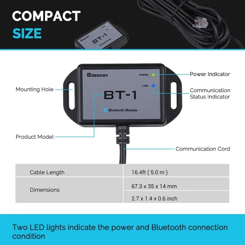 Vista 7 de Puerto de comunicación RS232 compatible con módulo Bluetooth Renogy RJ12, controladores de carga Rover/Wanderer/Adventurer, BT-1, color negro