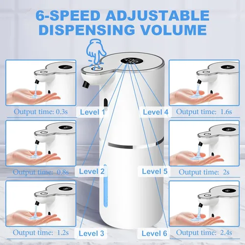 Vista 3 de Dispensador Automático de Jabón Líquido, 6 Niveles Ajustables, Dispensador de Jabón de Montaje en Pared, Recargable por USB con Pantalla LED, 12.8oz