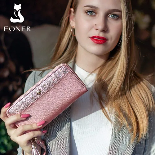 Vista 7 de FOXER - Billetera de piel para mujer con dos divisiones tarjetero y correa para la muñeca
