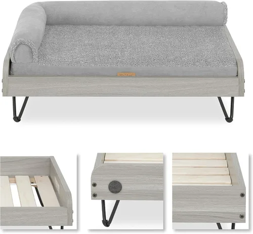 Vista 6 de Cama de madera para perros con colchón resistente al agua, cama elevada para mascotas pequeña a mediana con colchón relajante, certificado