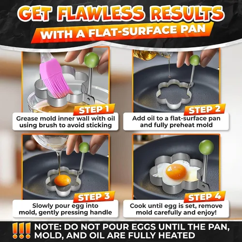 Vista 5 de Juego de moldes para panqueques de 5 piezas, acero inoxidable, asas plegables Pancake Molds for Griddle, 5 Shapes for Eggs, Omelets, Hash Browns &