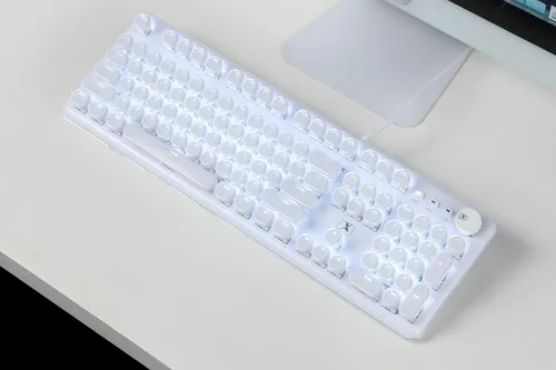 Vista 3 de Teclado para juegos, estilo retro punk, interruptores azules, retroiluminación blanca, cable USB, para PC, laptop, computadora de escritorio