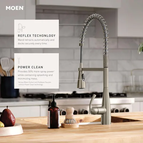 Vista 5 de Grifo de cocina Moen Essie cromado de una manija con arco alto y rociador extraíble con resorte de preenjuague con Power Clean, 87814