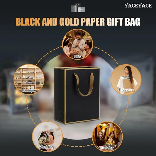 Vista 7 de Bolsas de regalo negras y doradas con asas, 20 unidades de 8 x 4.25 x 10.5 pulgadas Negro dorado