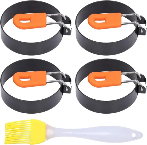 Vista 4 de Haofy Egg Rings 4Pcs Stainless Steel Silicone Non Stick Fried Egg for Breakfast Hamburger Patty, Heat Insulation Handle Easy Demolding with Cleaning