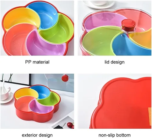 Vista 5 de Bandeja de plástico dividida para servir 5 compartimentos, bandeja para servir aperitivos con tapa y asa, platos reutilizables para servir