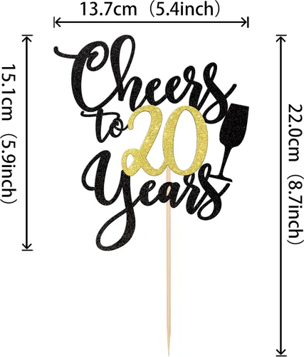 Vista 2 de 1 pieza de decoración para tartas de "Cheers to 20 años" con purpurina dorada y negra para pastel de 20 años, decoración de pastel de 20 años