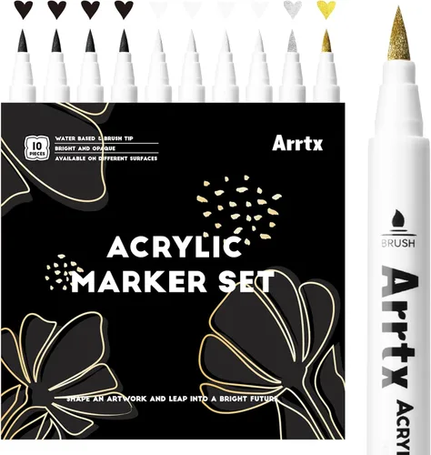 Vista 8 de Arrtx Marcadores de pintura acrílica, paquete de 10 puntas extra de cepillo blanco metálico para roca, tela, madera, vidrio, lienzo, cerámica, 4