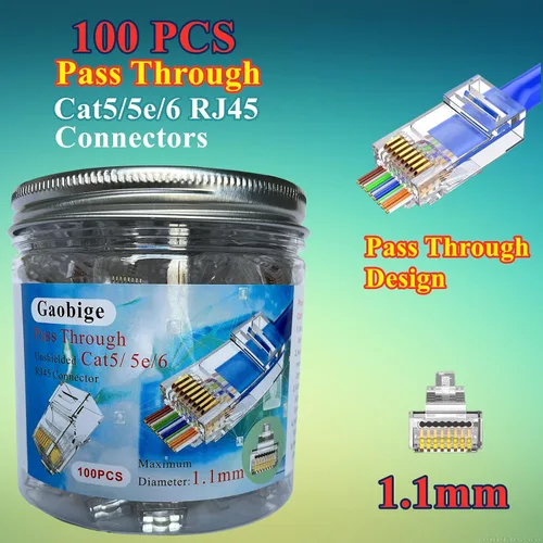 Vista 2 de Gaobige 100 unidades Cat5 Cat5e Cat6 RJ45 de paso a través de extremos de conectores Conectores sin blindaje de 0.043 in para cable sólido y cable