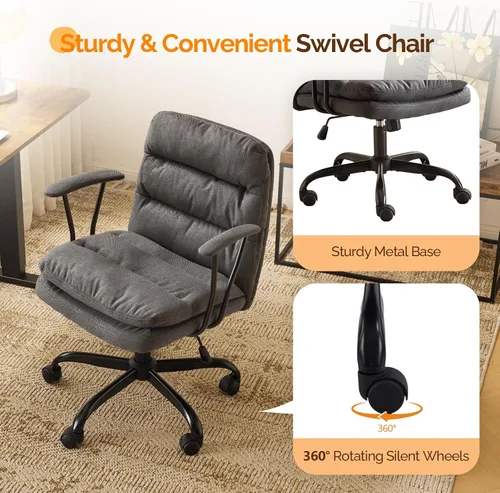 Vista 4 de VINGLI Silla de escritorio acolchada gris con/sin ruedas, base doble, reposabrazos extraíbles, ajustable y cómoda silla giratoria para computadora