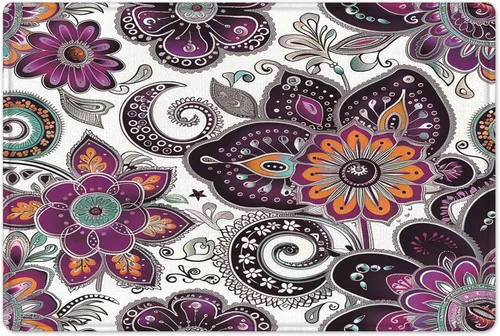 Vista 10 de LB Alfombra de baño de flores bohemias, alfombra de baño antideslizante con estampado floral bohemio morado y negro, espuma viscoelástica suave