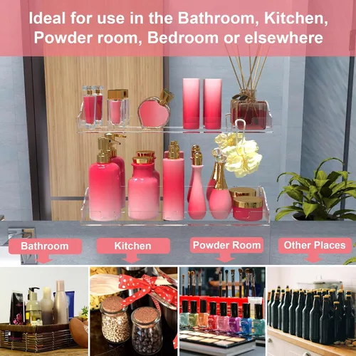 Vista 3 de Estantes acrílicos para baño, paquete de 2 estantes flotantes transparentes para ducha con ganchos transparentes montados en la pared, sin