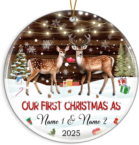 Vista 17 de Adorno personalizado para la primera Navidad del bebé 2025 con nombre personalizado, lindo oso en la luna, adornos redondos, regalo de primer