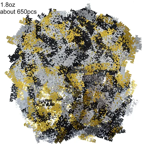 Vista 3 de Confeti de feliz año nuevo brillante metálico NYE confeti de mesa para decoración de fiesta de Año Nuevo 2025, oro negro y plata, 1.8 onzas