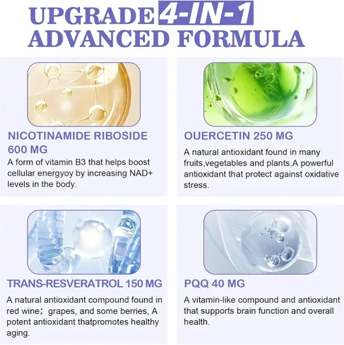 Vista 4 de Suplemento NAD Mezcla sinérgica de 1000 mg con ribósido de nicotinamida, PQQ y resveratrol - Suplemento antienvejecimiento premium para energía