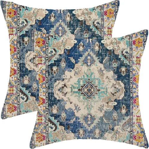 Vista 18 de Fundas de almohada Gohdiwh boho 16 x 16, juego de 2, fundas de almohada decorativas de diseño étnico, fundas de almohada de lino azul