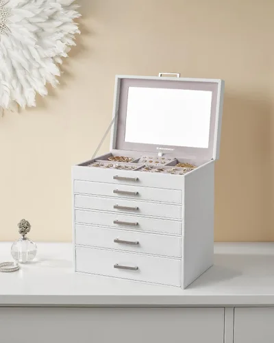 Vista 8 de SONGMICS Joyero, organizador de joyas de 6 niveles, joyero grande con espejo grande, 5 cajones, gran capacidad, almacenamiento de joyas