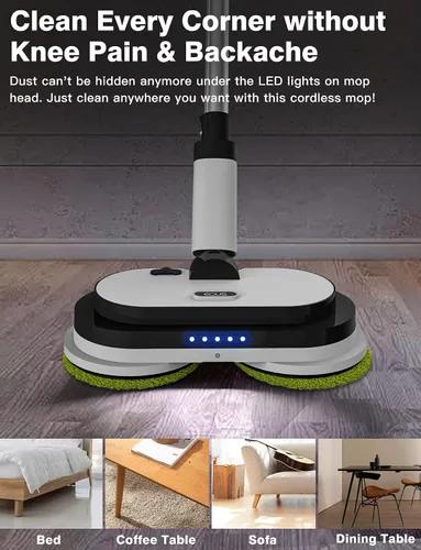 Vista 5 de Eous - Trapeador eléctrico inalámbrico, limpiador de suelo autopropulsado con faros LED y rociador de agua, limpiador giratorio de doble motor