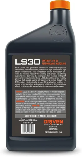 Vista 3 de Driven Racing Oil LS30 - Aceite de motor sintético de alto zinc 5W-30 (caja de 12 cuartos de galón)